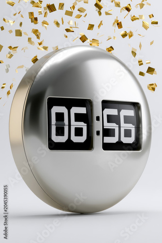 Minimalist Metallic Flip Clock with Floating Gold Confetti on Neutral Background