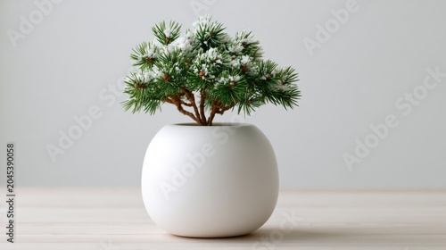 Minimalist Pine Bonsai in Ceramic Planter on Light Wooden Background