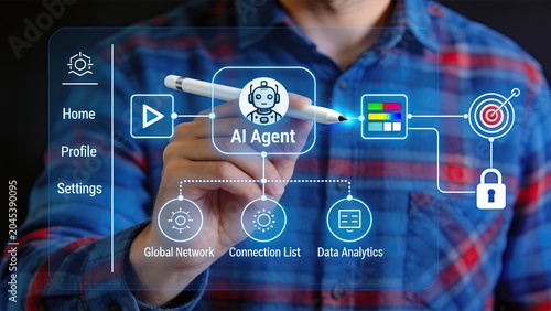 AI agent interface workflow diagram on virtual screen, man using stylus to interact with artificial intelligence system, global network connection, data analytics, profile