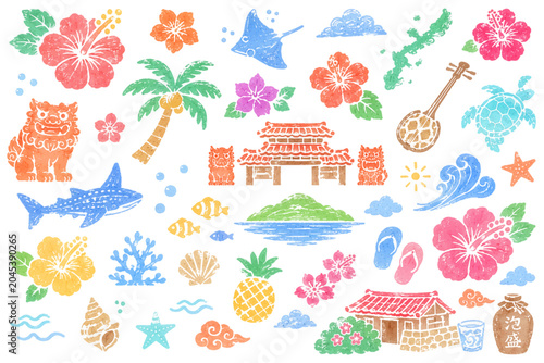 沖縄イメージのスタンプ風イラストセット