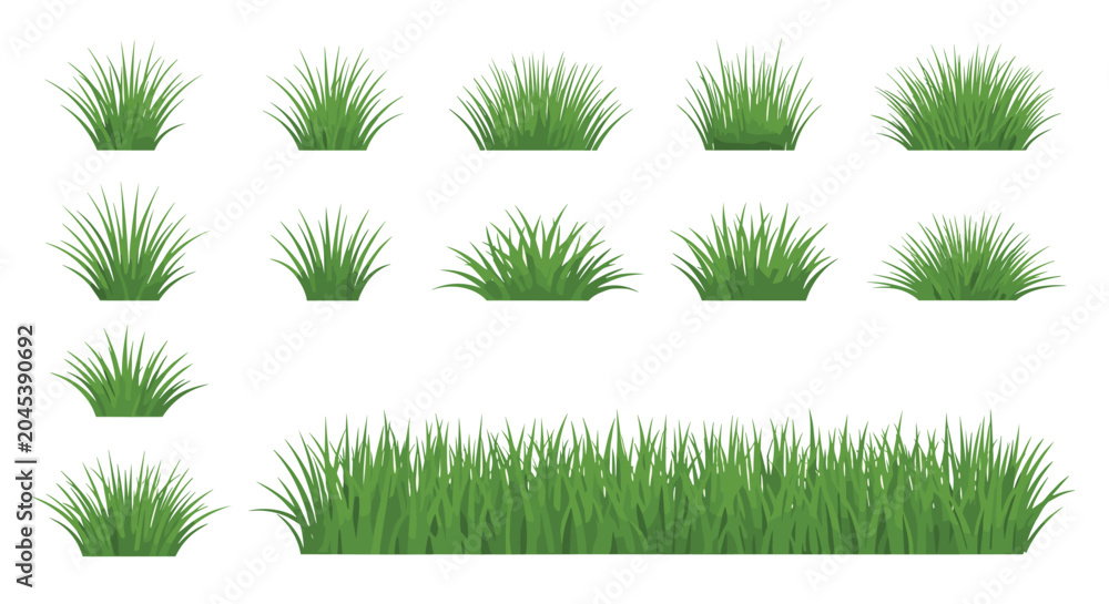 Fototapeta premium Collection of various green grass tufts and a long lawn border isolated on a white background for natural landscape design.