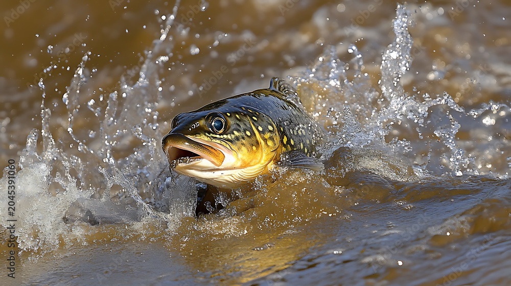 Fototapeta premium Brook trout jumping out of turbulent river water creating a dynamic splash with sunlight illuminating the golden textured scales