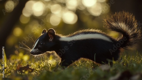 Striped Skunk Walking on Grass in Soft Evening Light