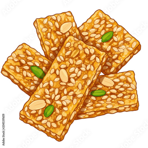 Stacked sesame seed candy bars with almonds pistachios isolated on white background