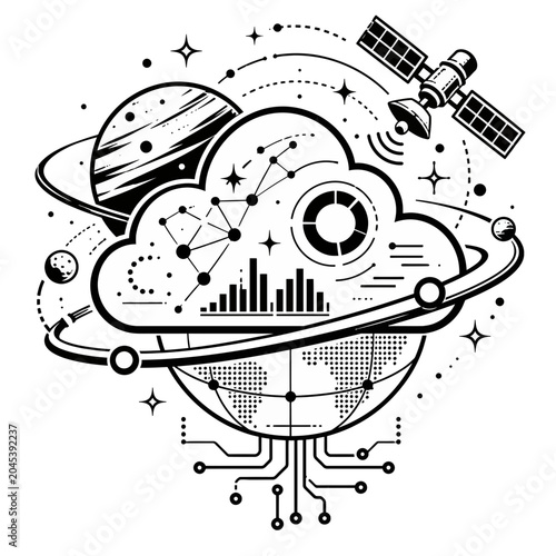 фотографія Global cloud computing network concept illustration with satellite technology an