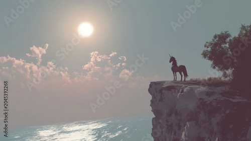 Majestic Unicorn Silhouette Against a Tranquil Seascape Sunset