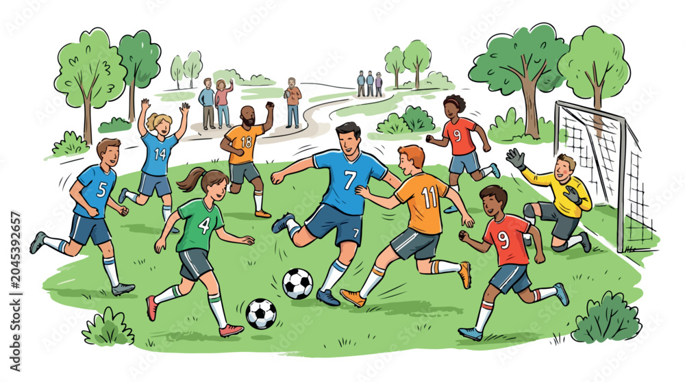 Fototapeta premium Children playing soccer on a sunny park field with colorful jerseys, blue and red team players, and playful youth match