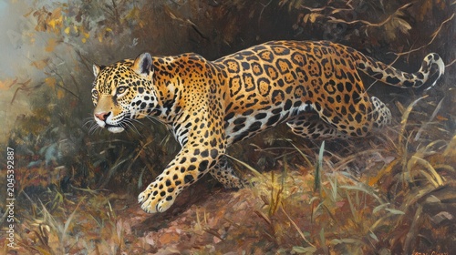 Majestic Jaguar in Motion Through Lush Jungle Environment