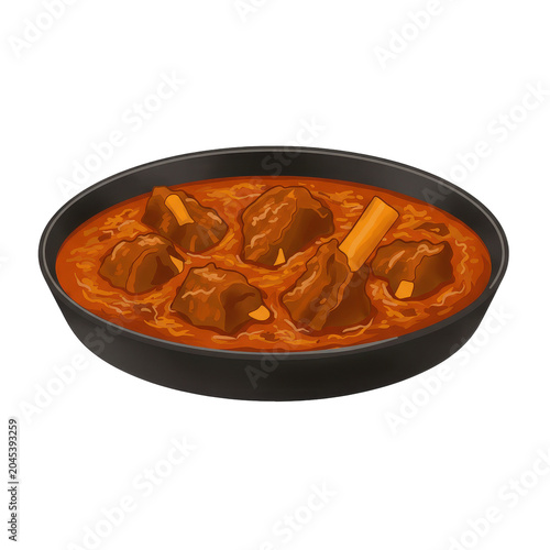 Aromatic lamb curry in a black pan close-up view isolated on white background