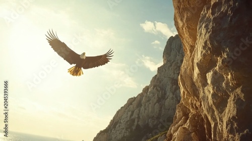 Majestic Eagle Soaring Over Rocky Cliffs During Golden Hour