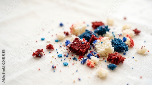 Messy Red White and Blue Cake Crumbs on Linen Fabric