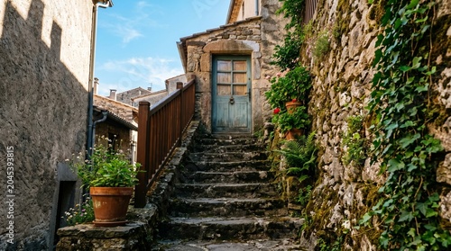 Old Stone Stairway Narrow Alley Medieval European Village Historic Architecture Travel Photography Rustic Charming Scenic Destination