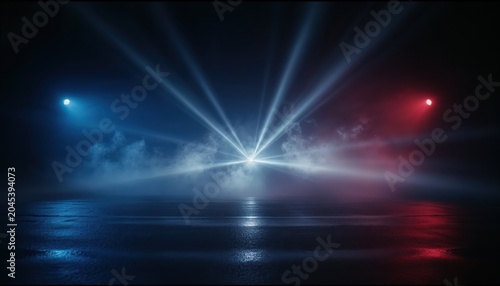 Dramatic Laser Show: A mesmerizing display of vibrant blue and red laser beams cuts through atmospheric smoke, illuminating a dark, reflective floor.