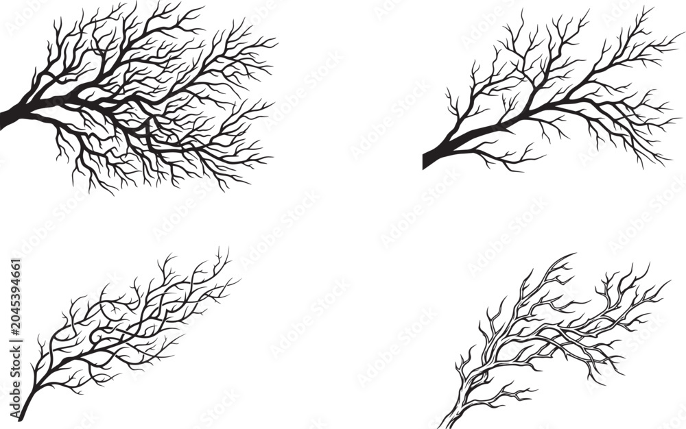 Fototapeta premium Black branch, tree branches, bare twigs, vector icons