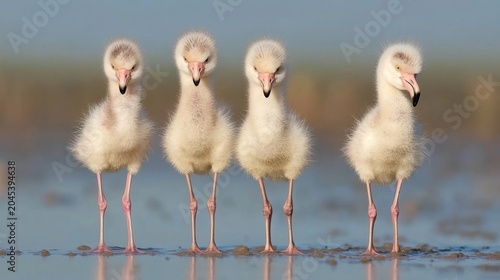 Four Fluffy Flamingo Chicks Standing Together by the Water Edge