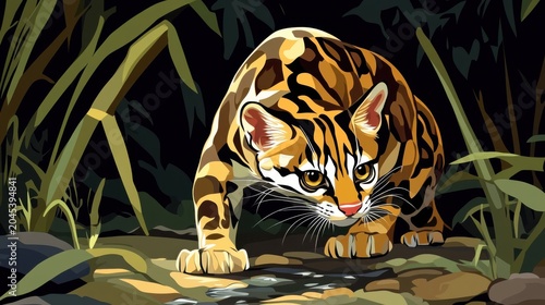 Colorful Wildcat Stalking in Lush Green Jungle Environment