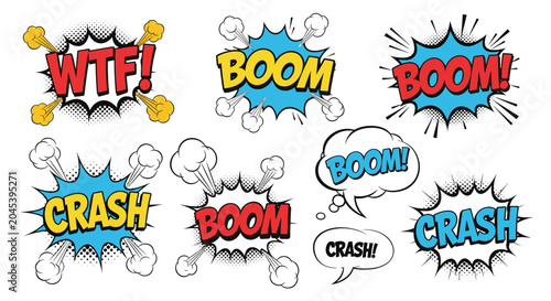 Dynamic set of comic book speech bubbles and explosive sound effect bursts like boom wtf and crash in a classic pop art graphic art style.