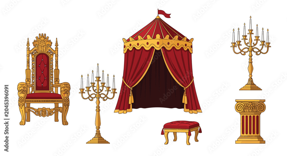 Fototapeta premium Assorted royal throne room furniture including a gold throne with red velvet a canopy tent candelabras and a footstool on a white background.