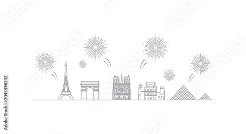 Φωτογραφία Minimalist line art illustration of iconic Paris landmarks with celebratory fireworks