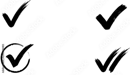 Textured hand drawn black ink check mark icons set. Brush stroke validation mark, circle tick symbol, success, agreement