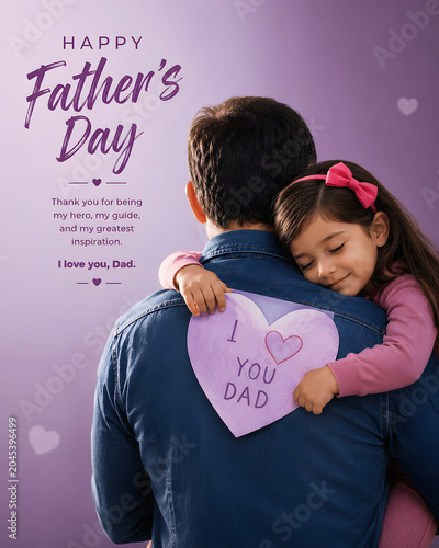 Happy Father's Day Poster with Cute Daughter Hugging Dad. Little Girl Holding Purple Heart Shaped Greeting Card on Father's Back Over Violet Background.
