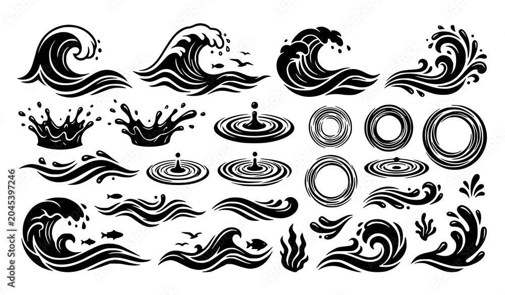 Fototapeta premium Water splash ripple and sea wave black ink vector bundle isolated on white background
