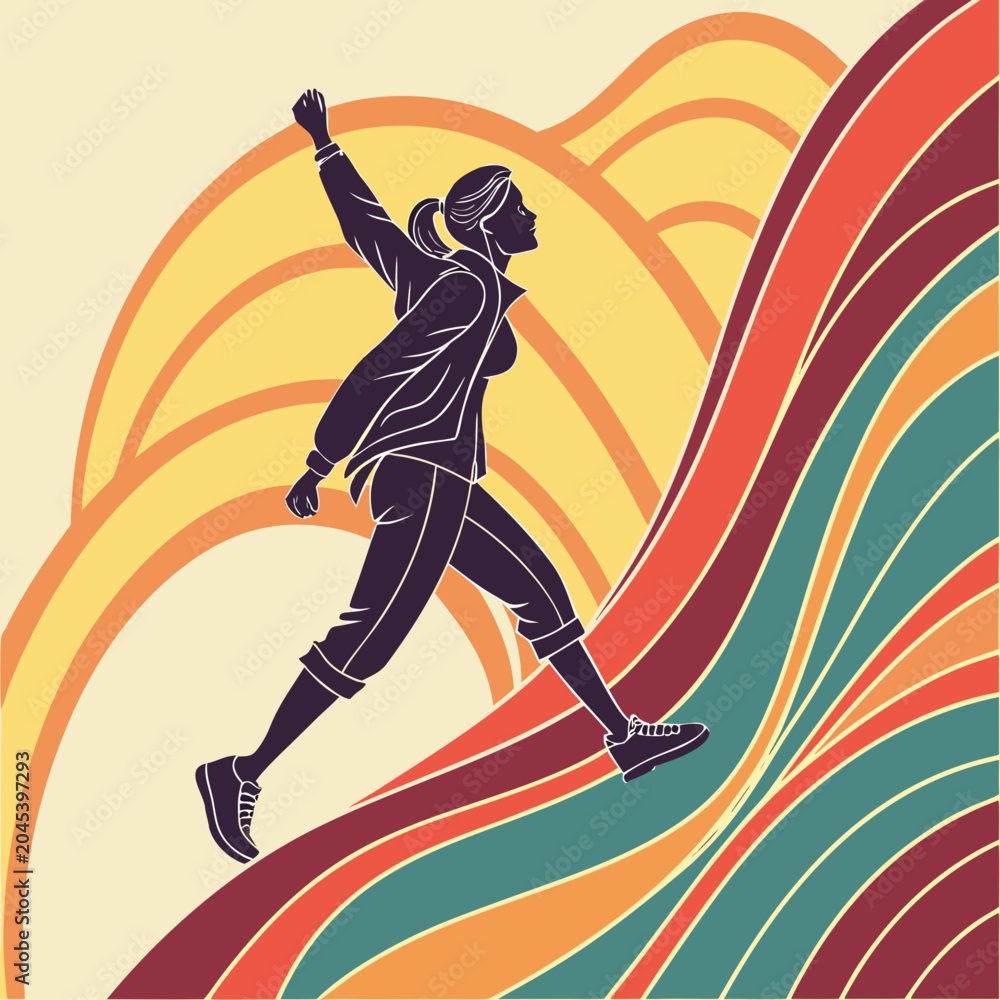 Obraz premium Silhouette of woman power walking uphill against stylized retro wavy mountain background with orange sun circular shapes and multi color stripe paths