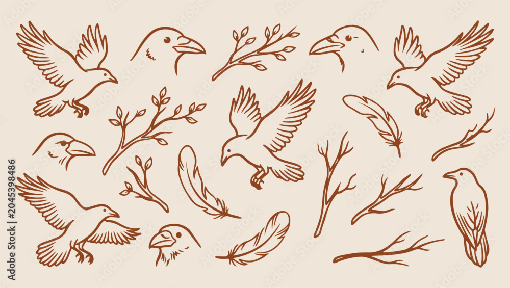 Fototapeta premium Raven forest bird, mystical nature sketch, minimal raven art, clean wildlife illustration, modern dark design, isolated raven vector, premium forest background, organic design print raven, forest, bir