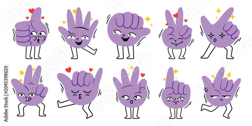 Wobbly Purple Hand Character Sticker Set. Cute Retro Hand Gesture Expression Illustrations