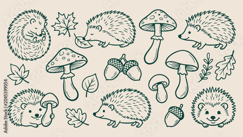 Canvas Print Woodland mushroom forest, minimal vector line art, monoline clean design, modern