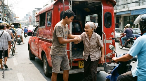 A young man helps an elderly woman alight from a red vehicle on a busy street.