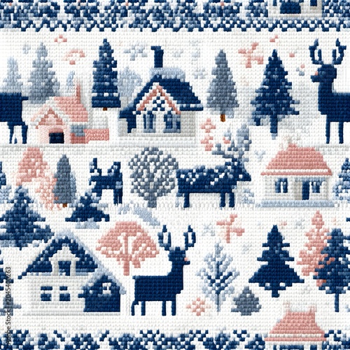 Cross stitch embroidery pattern depicting a snowy winter landscape with houses and reindeer embroidery needlework landscape reindeer christmas seasonal illustration traditional decorative