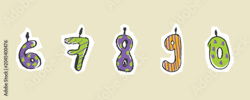Birthday Number Candles Sketchy Doodle Vector Illustration Set Hand-Drawn Colorful Party Candle Elements