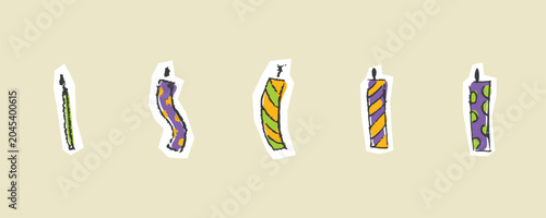 Birthday Candles Sketchy Doodle Vector Set Hand-Drawn Colorful Party Candle Clip Art Elements