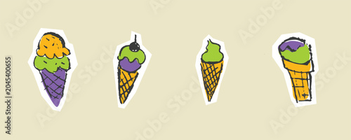 Birthday Ice Cream Cone Sketchy Doodle Vector Set Hand-Drawn Colorful Ice Cream Illustration