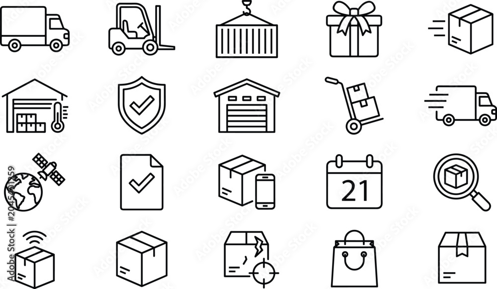Fototapeta premium Logistics and supply chain management line icon set featuring delivery truck forklift warehouse global tracking and shipping packages