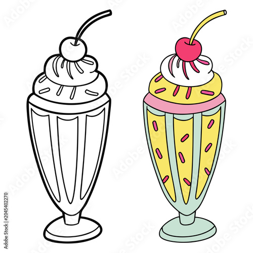 фотографія Milkshake coloring page with cherry on top, straw, and whipped cream, presented