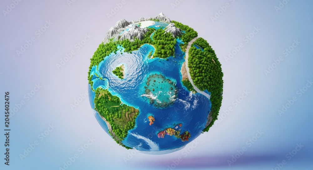 Fototapeta premium A vibrant miniature green earth floating in a soft void, showcasing lush forests, clean blue oceans, and a healthy sustainable ecosystem, earth day, globe, trees