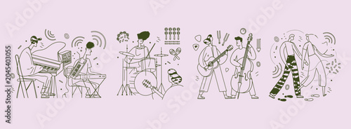 Bild auf Leinwand Musical band playing instruments, rock concert music performance, minimalist lin