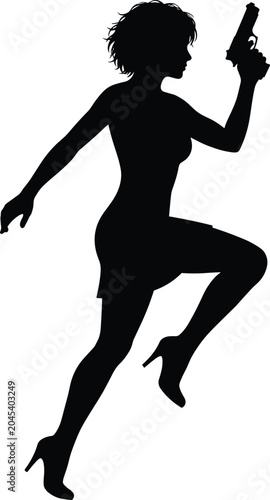 Photos Silhouette of a confident female secret agent running with a handgun in high hee