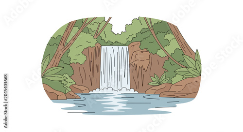 Photography Waterfall flowing down rocky slope.
