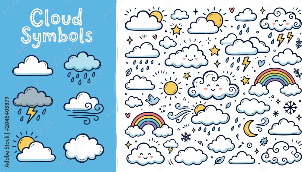 Fototapeta premium Diverse Collection of Cute Cloud Symbols and Weather Icons Featuring Sunshine, Rain, Rainbows, and Wind