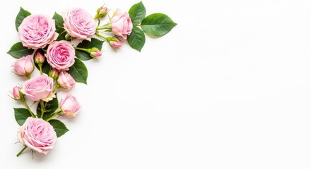 Elegant floral corner arrangement featuring soft pink roses, delicate buds, and green foliage set against a clean white background space, watercolor, vintage, arrangement