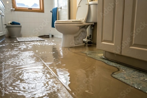 Water floods a bathroom floor near a toilet and cabinets