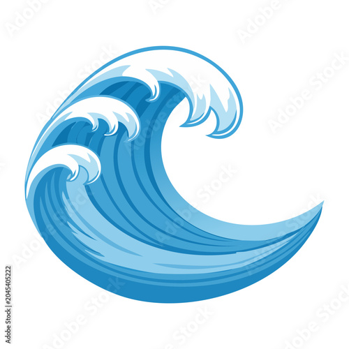 Stylized blue ocean wave with white foam on white background