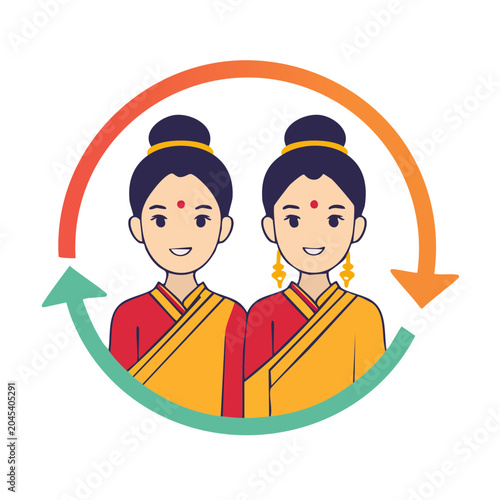 Two women in traditional Indian clothing with circular arrows