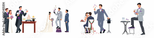 Bild auf Leinwand A set of illustrations showing a professional magician performing magic tricks and entertaining the bride and groom at a wedding celebration