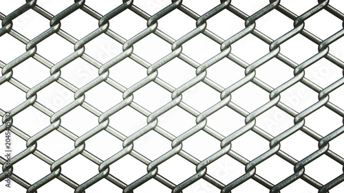 Close-up of a silver chain link fence pattern on a white background