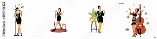 Canvas Print Collection of vintage-inspired illustrations depicting a female jazz vocalist performing with microphones and a double bass in a minimalist mid-century style