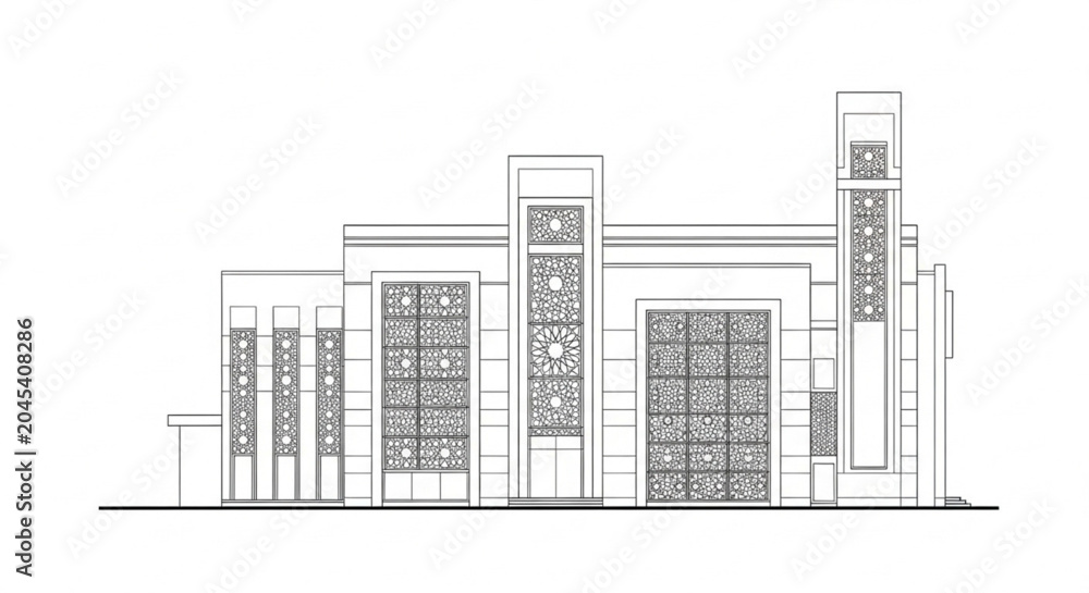 Obraz premium Commercial Building Elevation CAD Facade Technical Vector Line Drawing